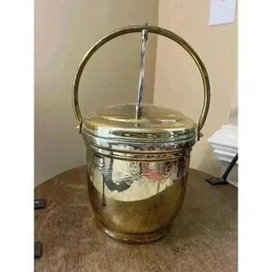 Vintage ICE BUCKET Solid Brass Etched GLASS INSERT MADE USA BY UNITED BAR DECOR